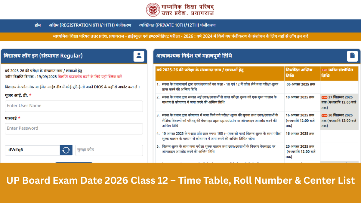 UP Board Exam Date 2026 Class 12 – Time Table, Roll Number & Center List