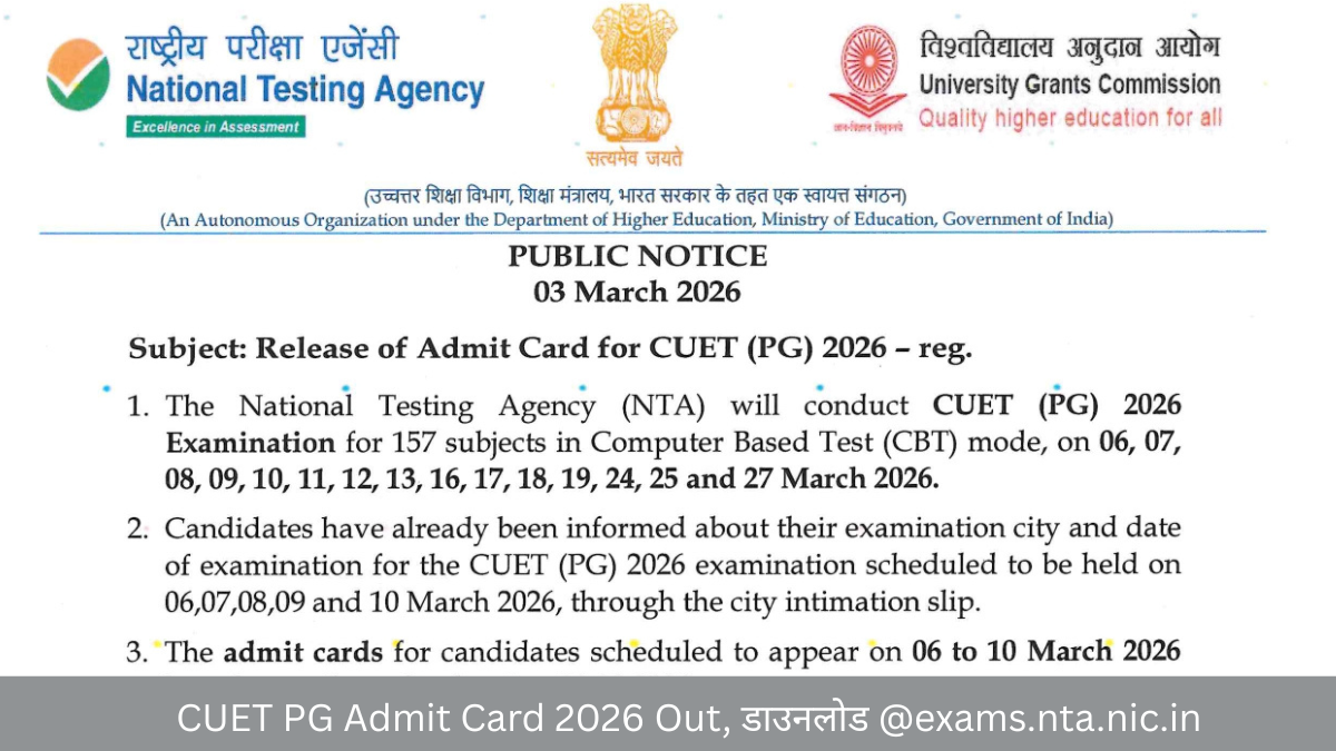 CUET PG Admit Card 2026 Out, डाउनलोड @exams.nta.nic.in