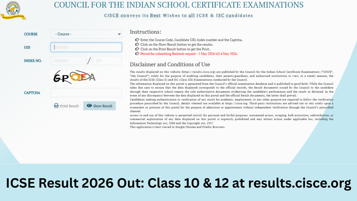 ICSE Result 2026 Out Class 10 & 12 at results.cisce.org